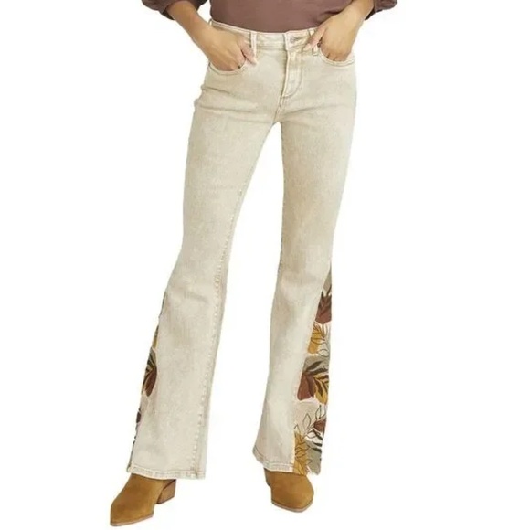 Driftwood Farrah Flare Floral Embroidered Jeans Gray Denim - Picture 1 of 7